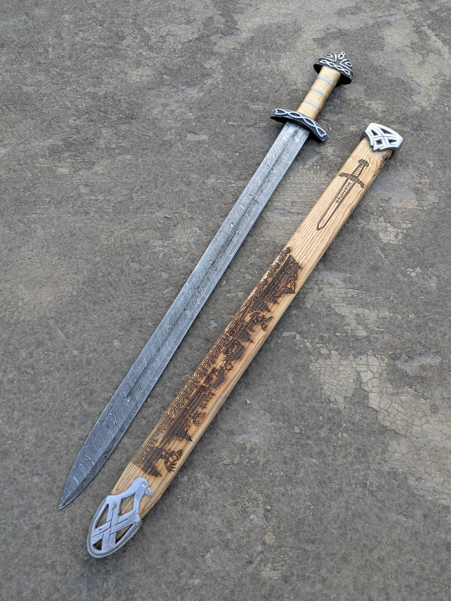 Damascus Steel Northman Viking Sword with wooden scabbard side by side