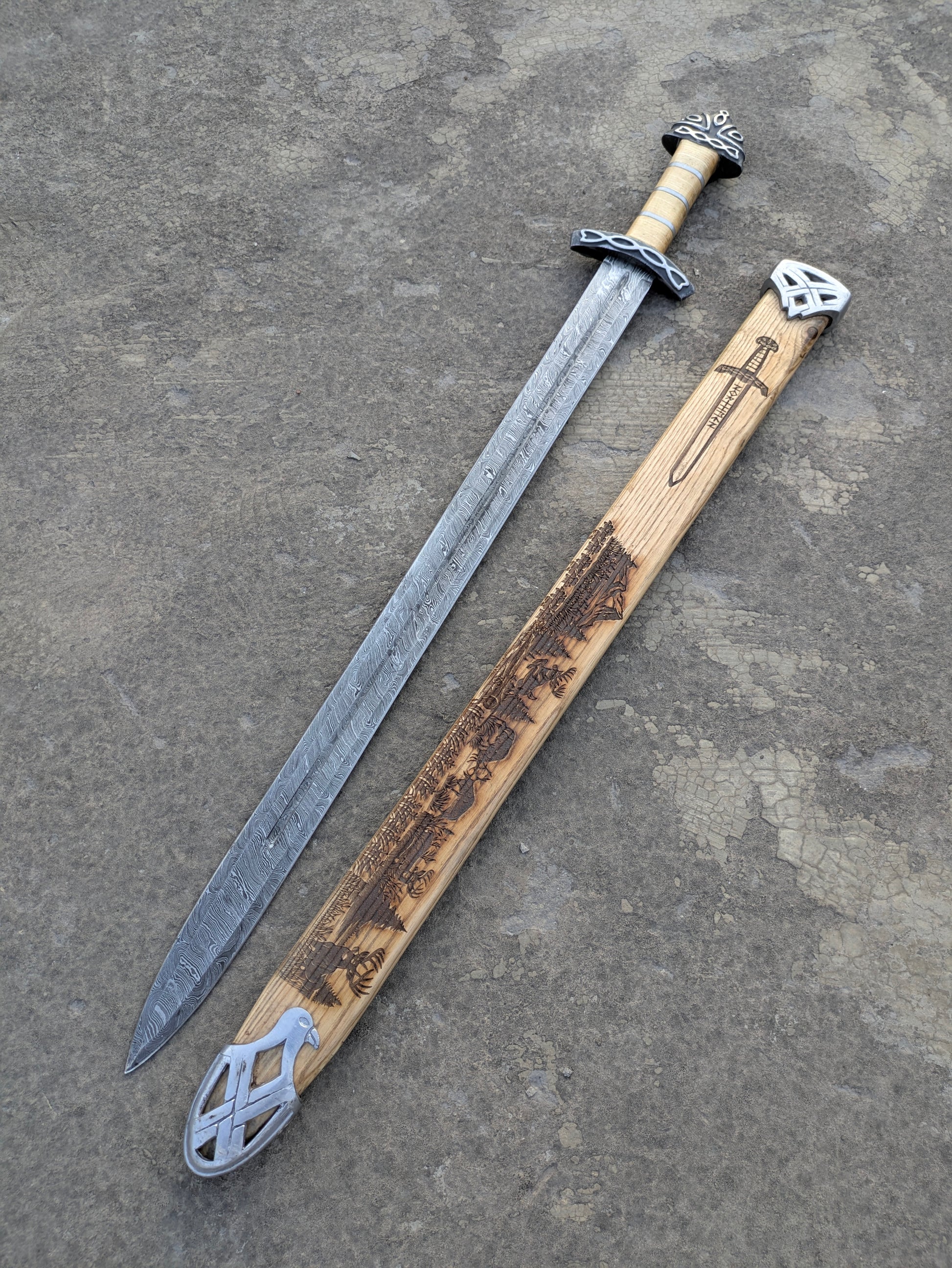 Damascus Steel Northman Viking Sword with wooden scabbard side by side