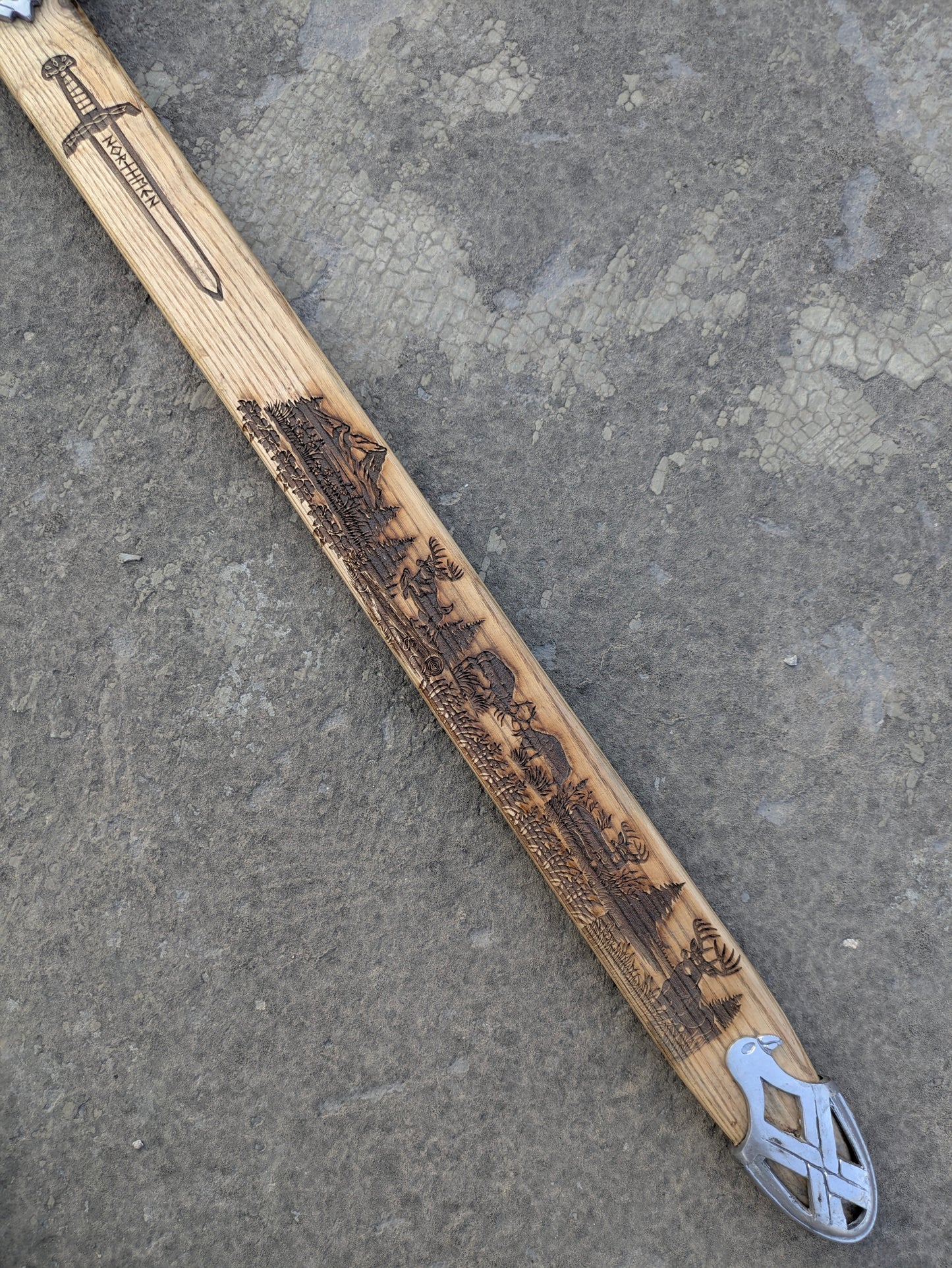 Damascus Steel Northman Viking Sword scabbard with engraved forest and deer design