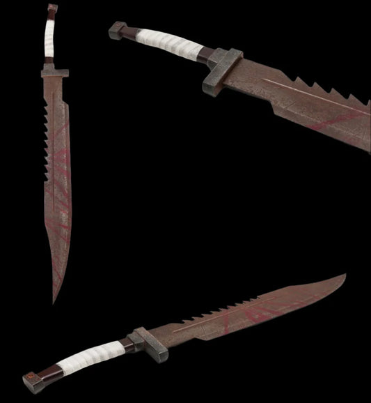 Three angles of a weathered Pyramid Head Sword replica, featuring a heavy rusted finish, red blood-like markings, a serrated spine, and a white cloth-wrapped handle against a black background.