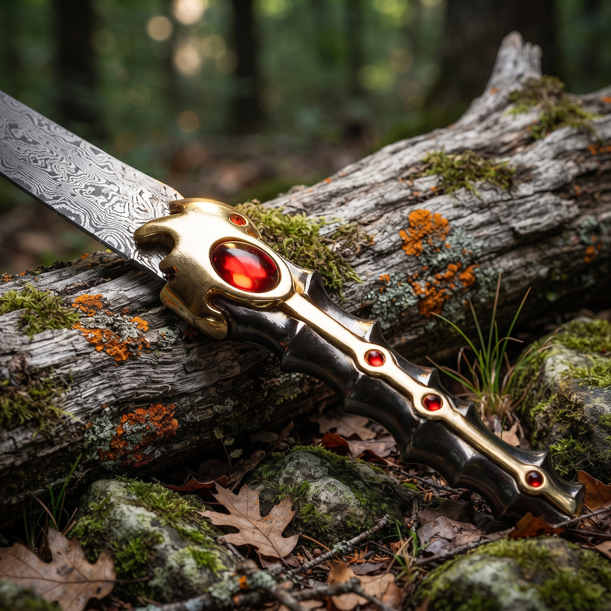 Close up of hunting knife hilt with red gems
