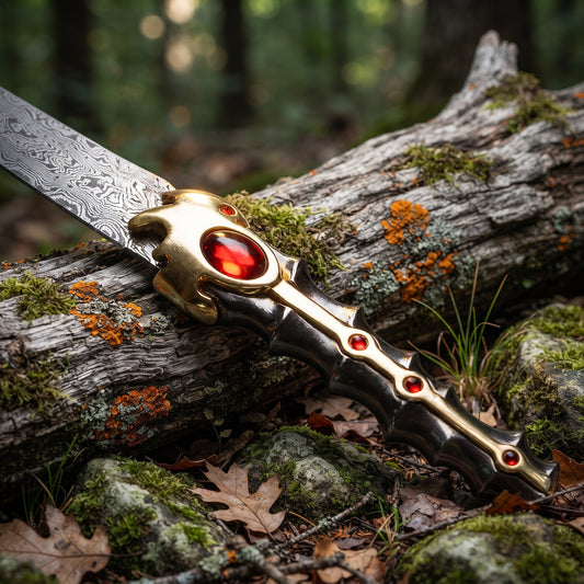 Close up of hunting knife hilt with red gems