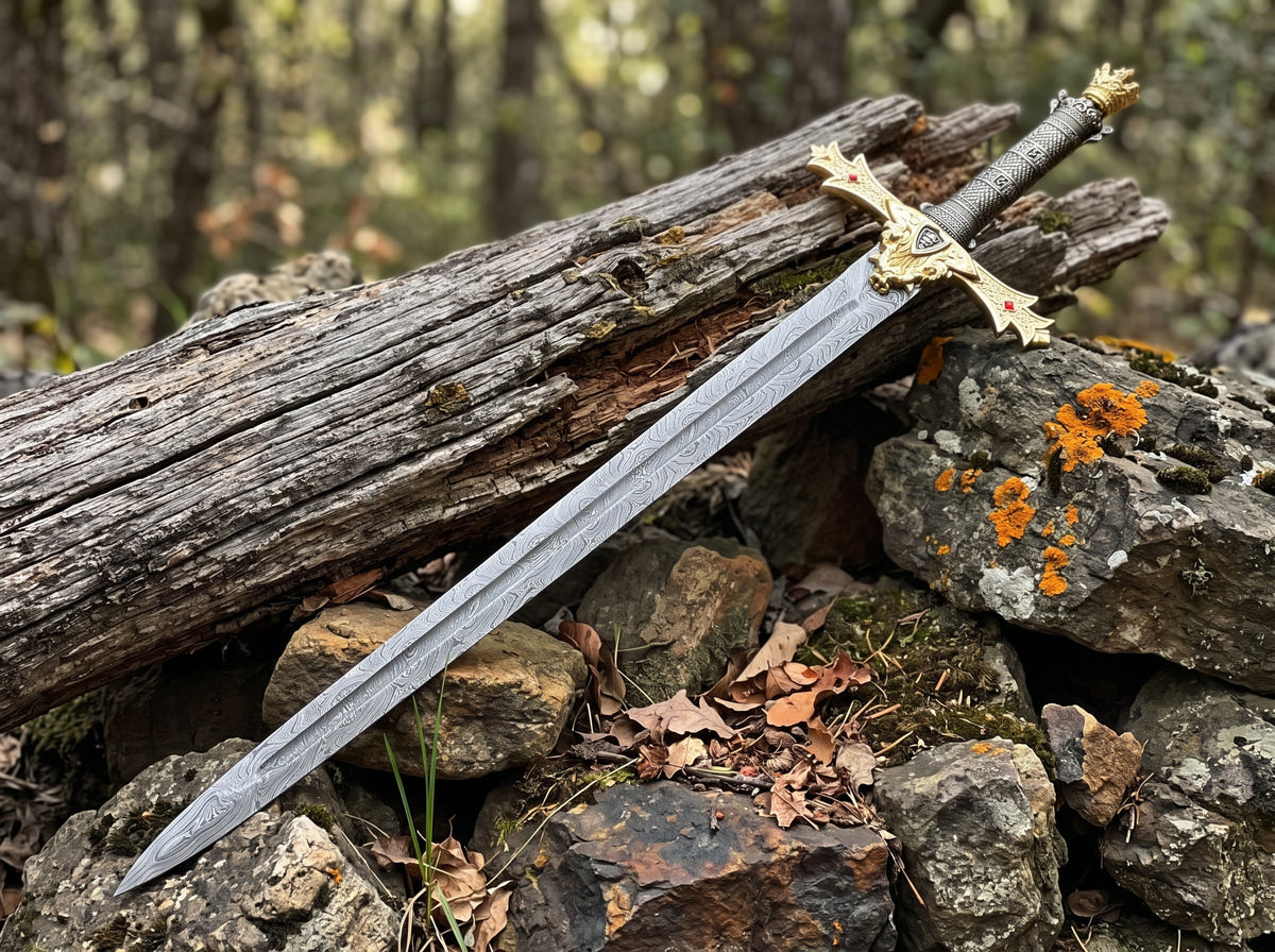 Decorative sword with wave pattern blade, gold crossguard with red gem accents and crown pommel resting on mossy rocks