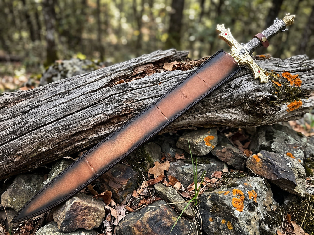 Decorative sword in a brown leather sheath with gold crossguard and leather grip strap on a weathered log
