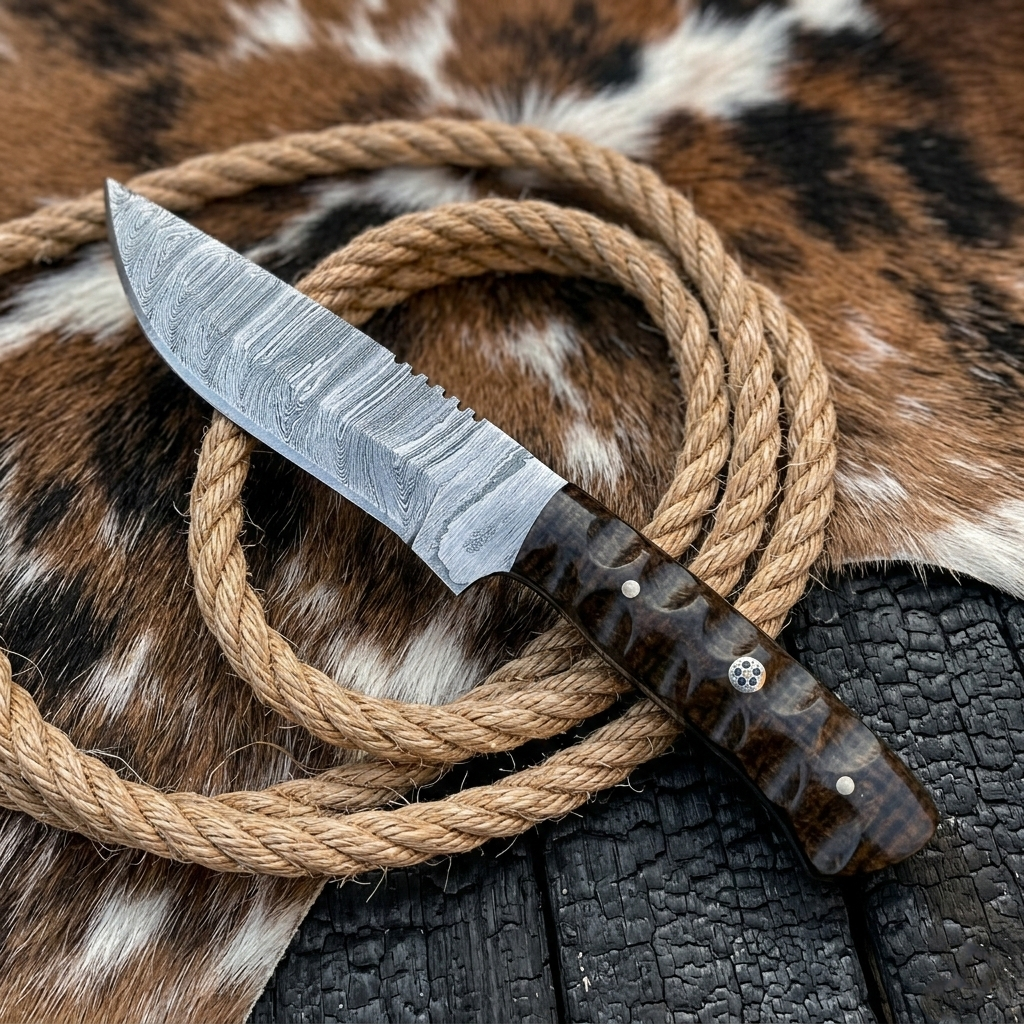Twist Damascus Skinning Knife – Handmade Fixed Blade Hunting Knife with Brown Micarta Handle & Leather Sheath