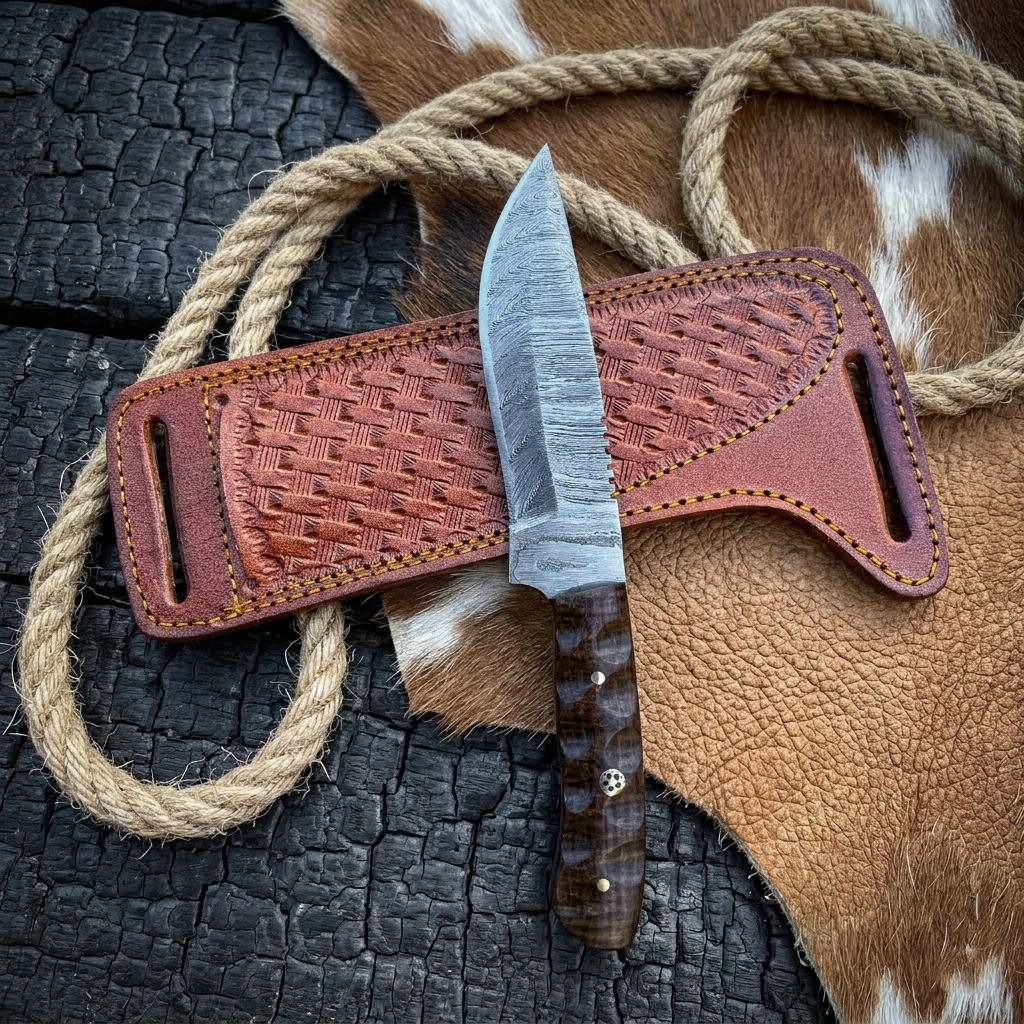 Twist Damascus Skinning Knife – Handmade Fixed Blade Hunting Knife with Brown Micarta Handle & Leather Sheath