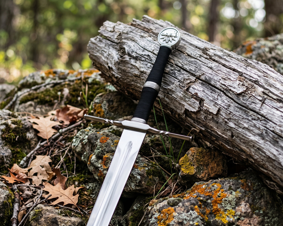 Decorative sword with polished grooved blade, twisted crossguard and wolf head medallion pommel on mossy rocks
