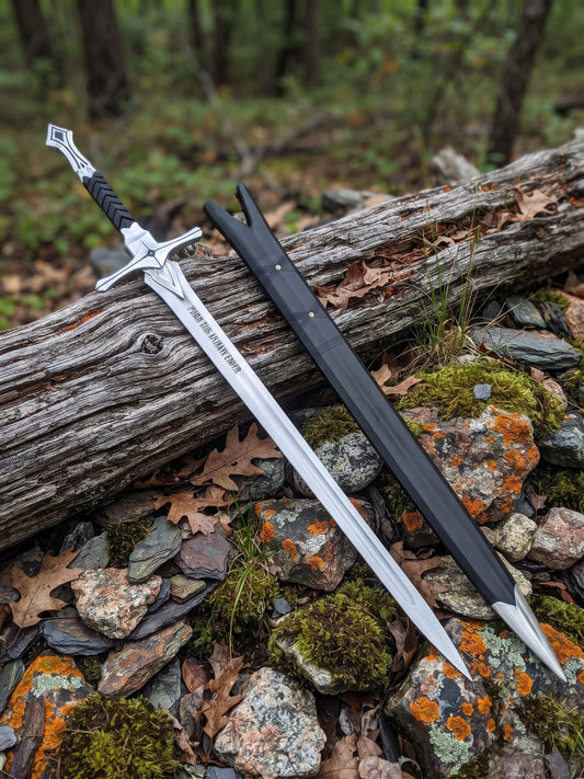 Full length stainless steel fantasy sword with angular crossguard and pointed blade