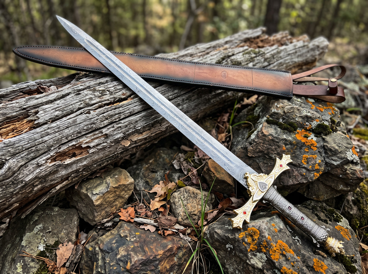 Decorative sword crossing a brown leather sheath with stitched edges and shoulder strap on mossy rocks