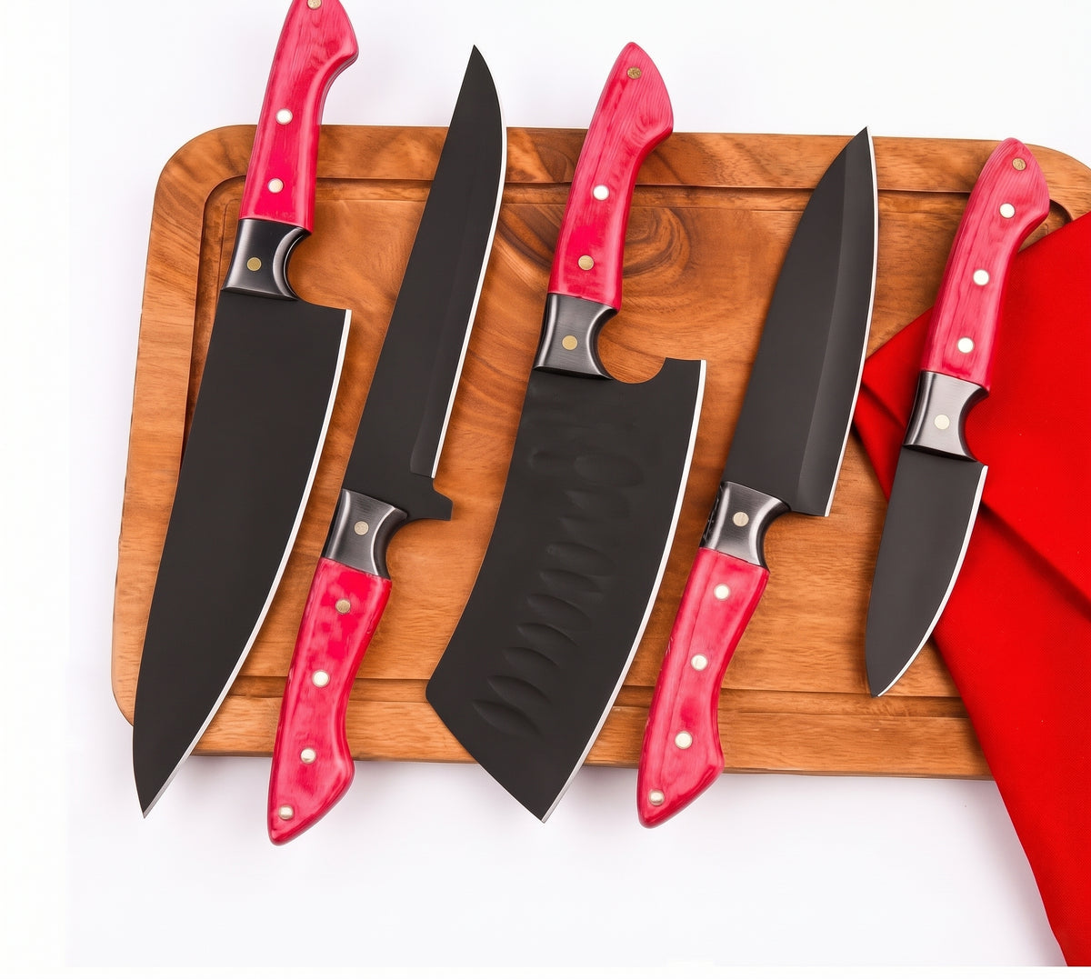 5 piece knife set with pink handles on white background
