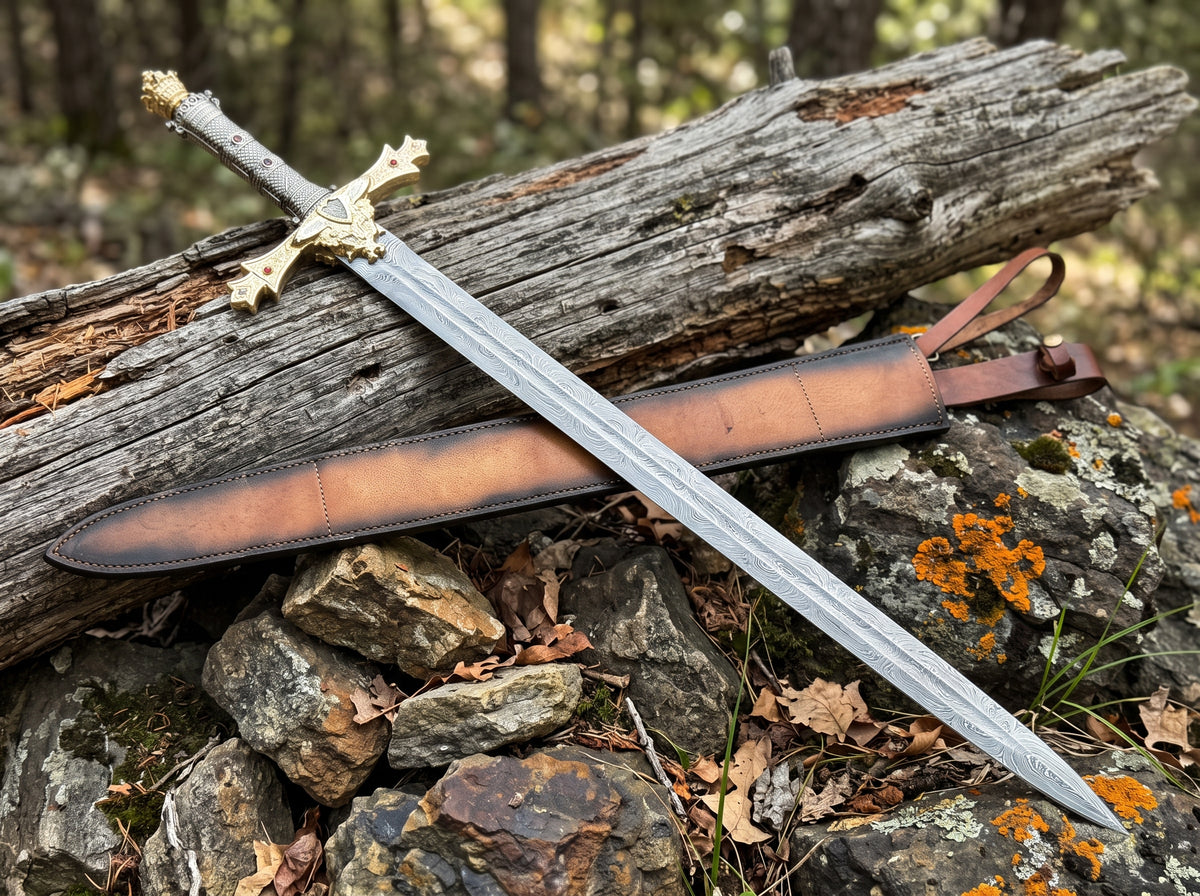 Decorative sword with crown pommel and gold crossguard lying across a stitched brown leather sheath on a log