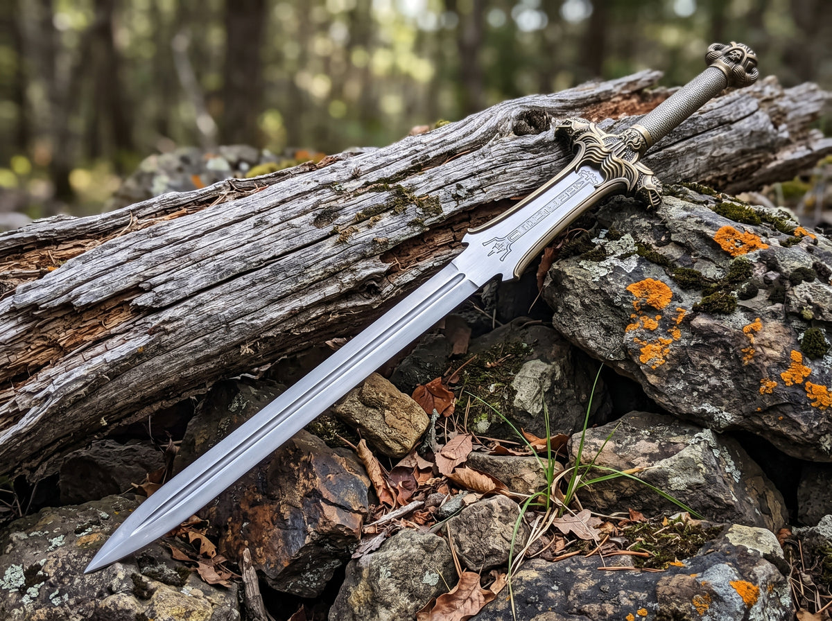 Decorative sword with engraved rune panel, fullered mirror blade and bronze tone crossguard resting on a weathered log