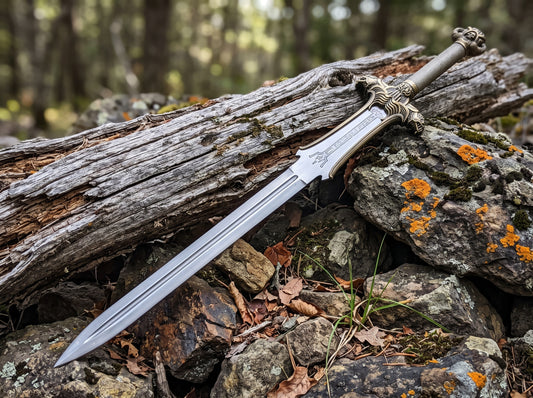 Decorative sword with engraved rune panel, fullered mirror blade and bronze tone crossguard resting on a weathered log