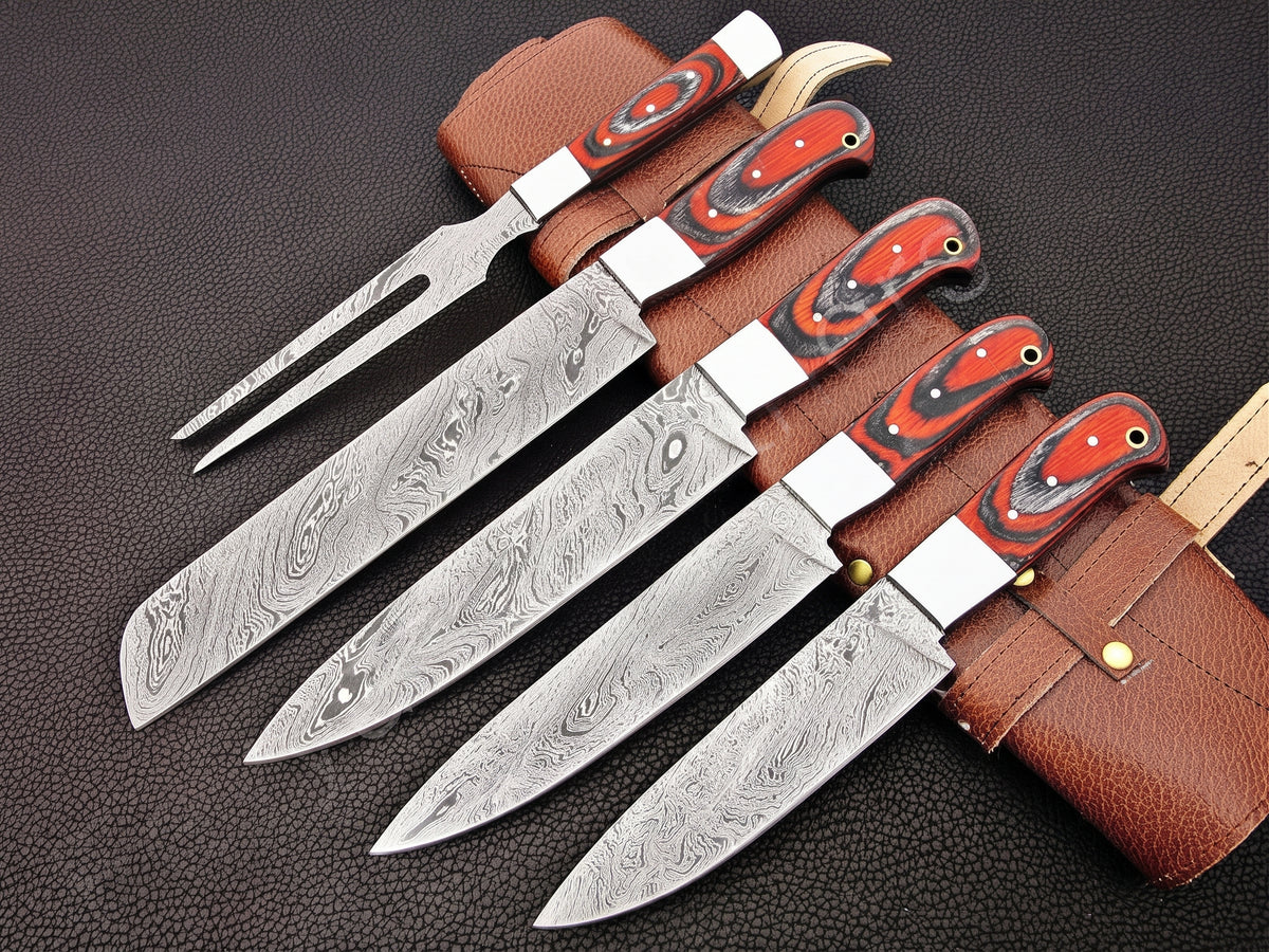 5 piece carving knife set with red and black handles