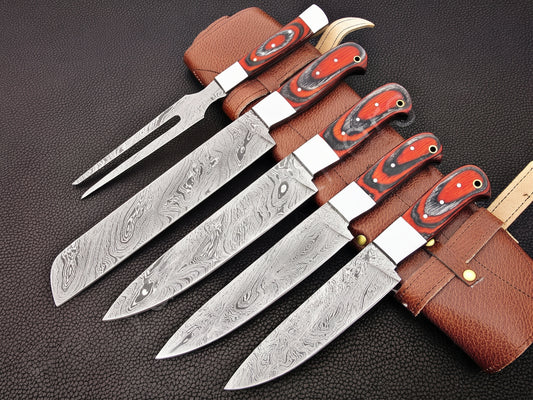 5 piece carving knife set with red and black handles