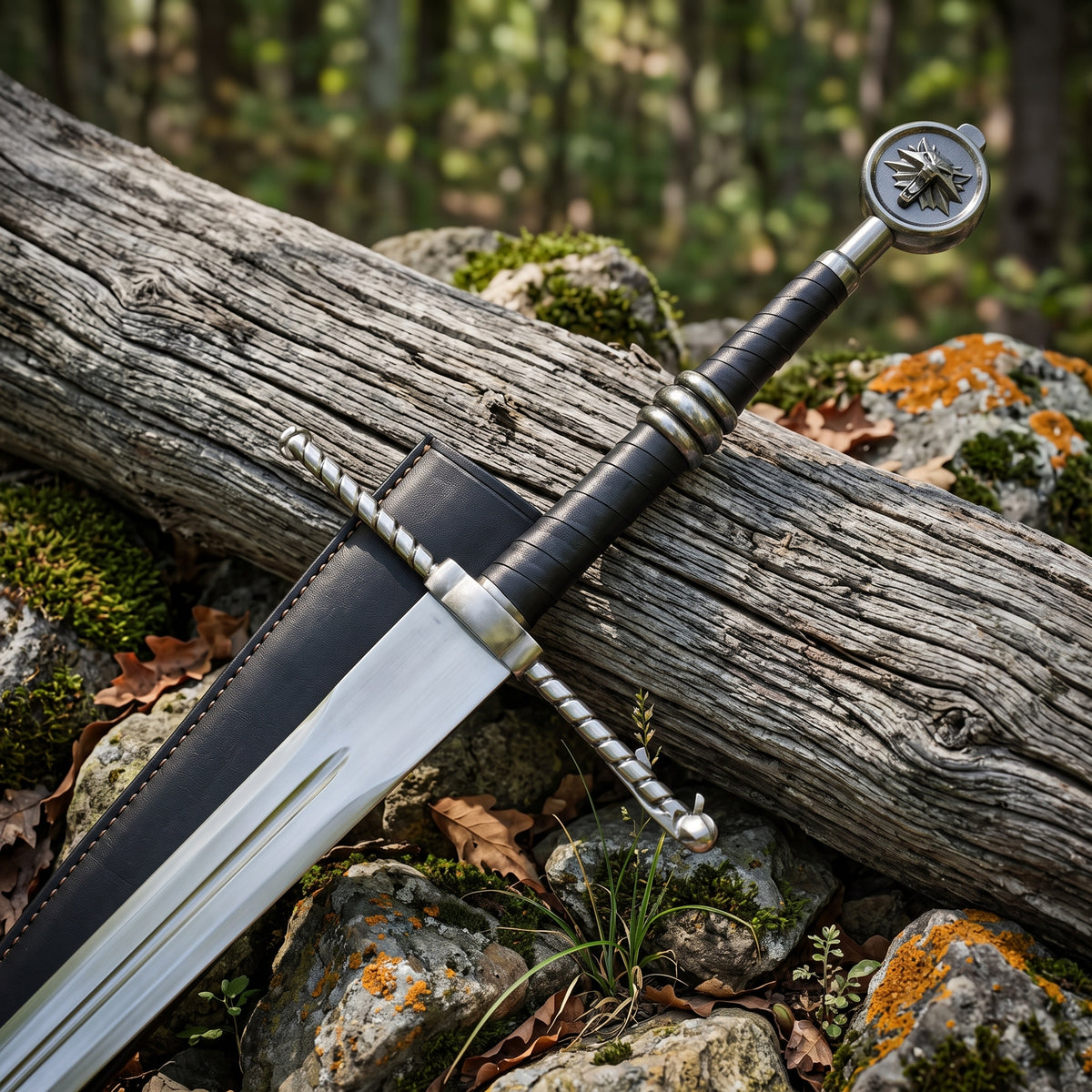 Close up of decorative sword hilt with twisted crossguard, wrapped grip, round medallion pommel and black leather sheath