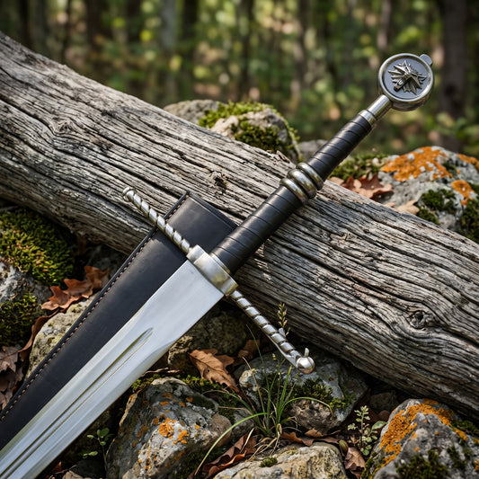 Close up of decorative sword hilt with twisted crossguard, wrapped grip, round medallion pommel and black leather sheath