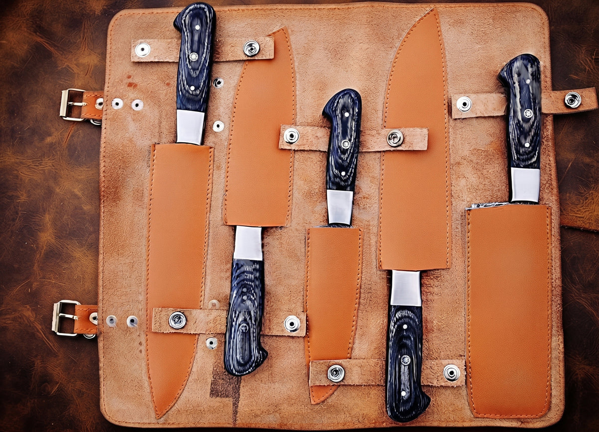 5 Pieces Damascus Chef Knife Set with Leather Covers