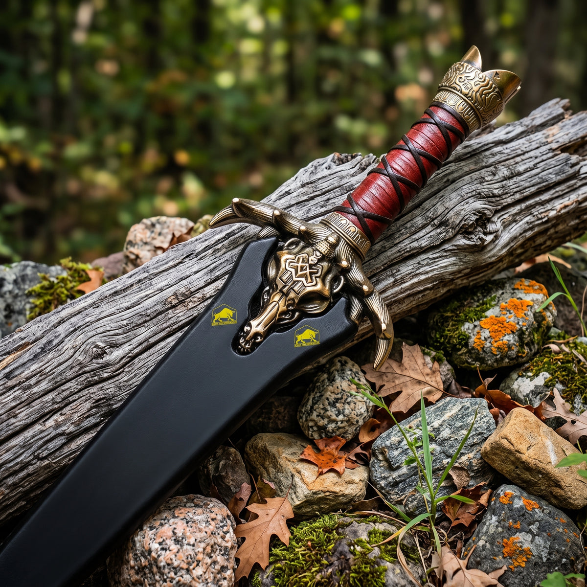 Fantasy barbarian sword with leather scabbard