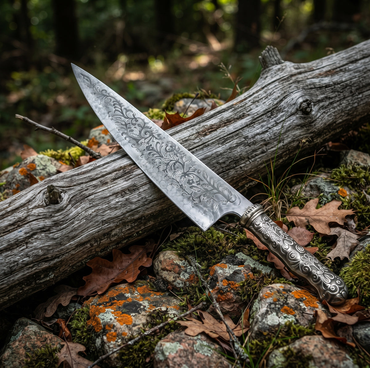 Damascus chef knife with floral etched blade