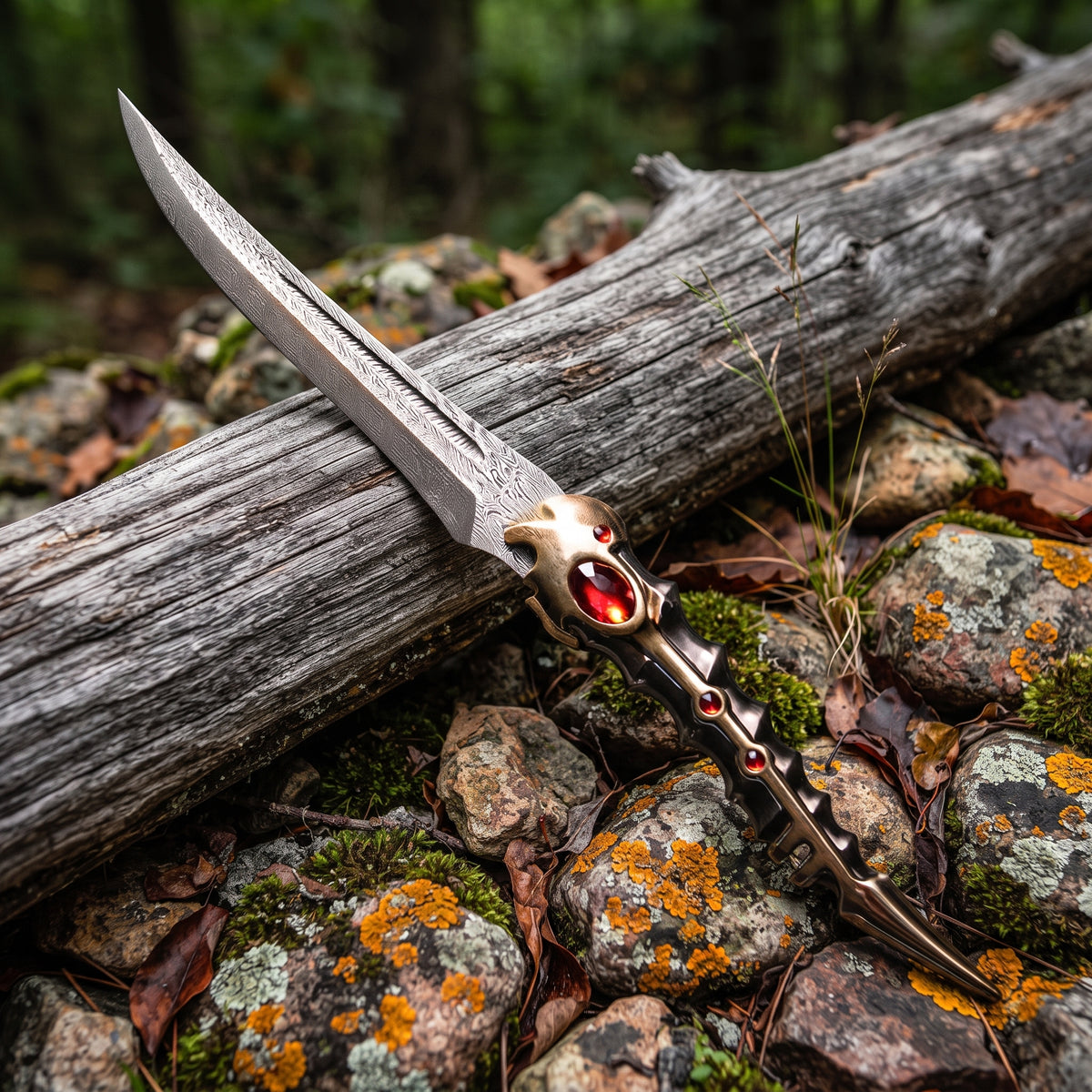 Hunting knife blade tip on mossy rocks