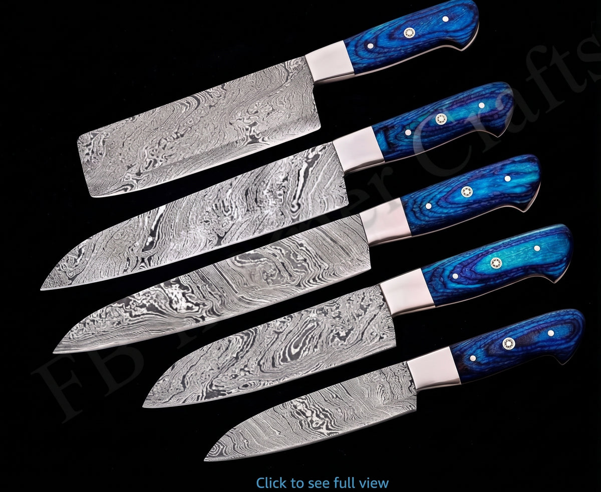 5 piece knife set with blue handles lined up
