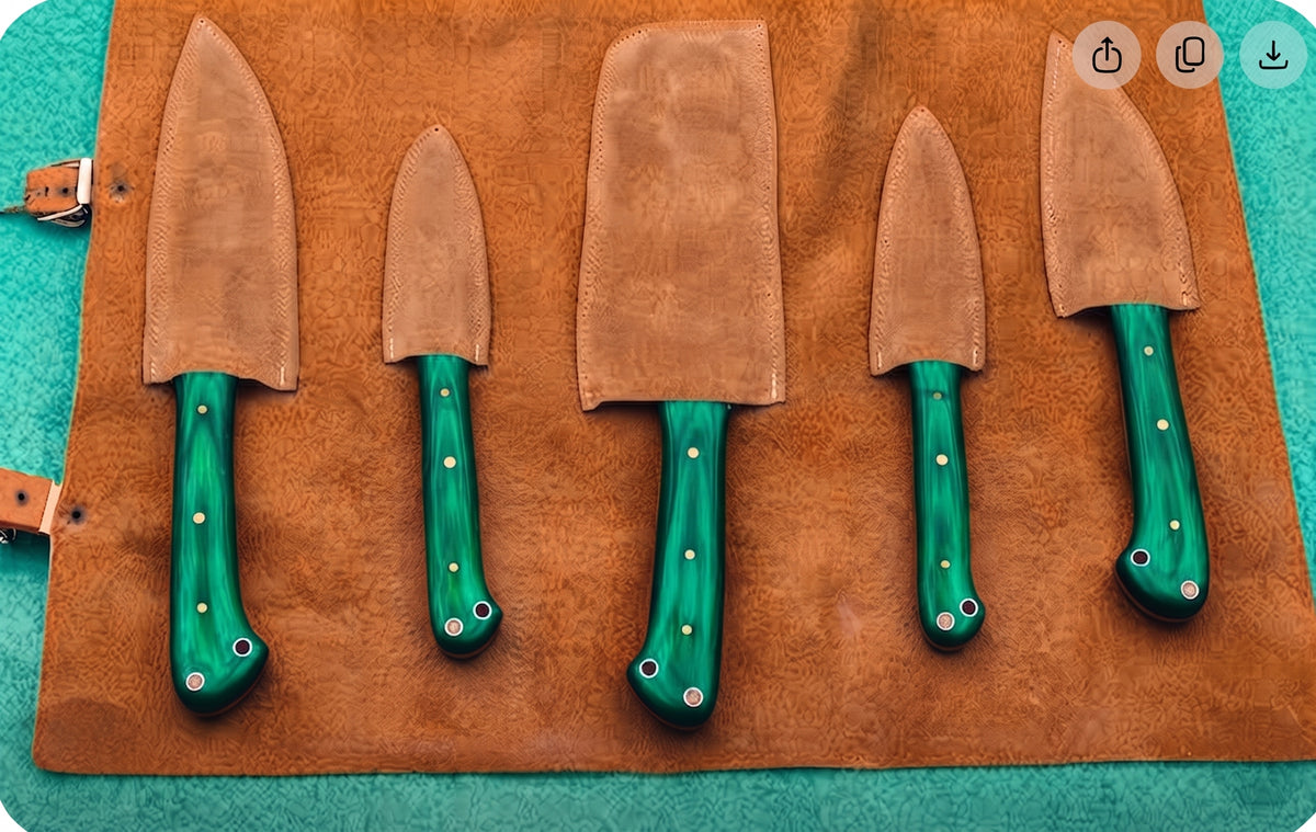 Leather roll case open with 5 knife shaped tan sheaths over green marbled handles on teal background