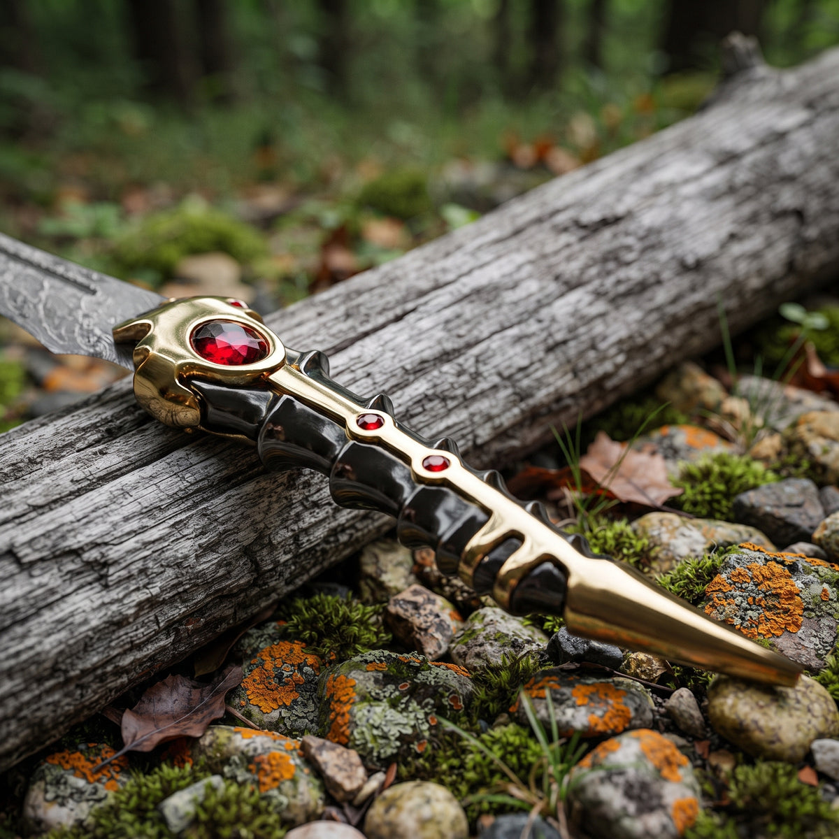 Hunting knife with ornate hilt in forest
