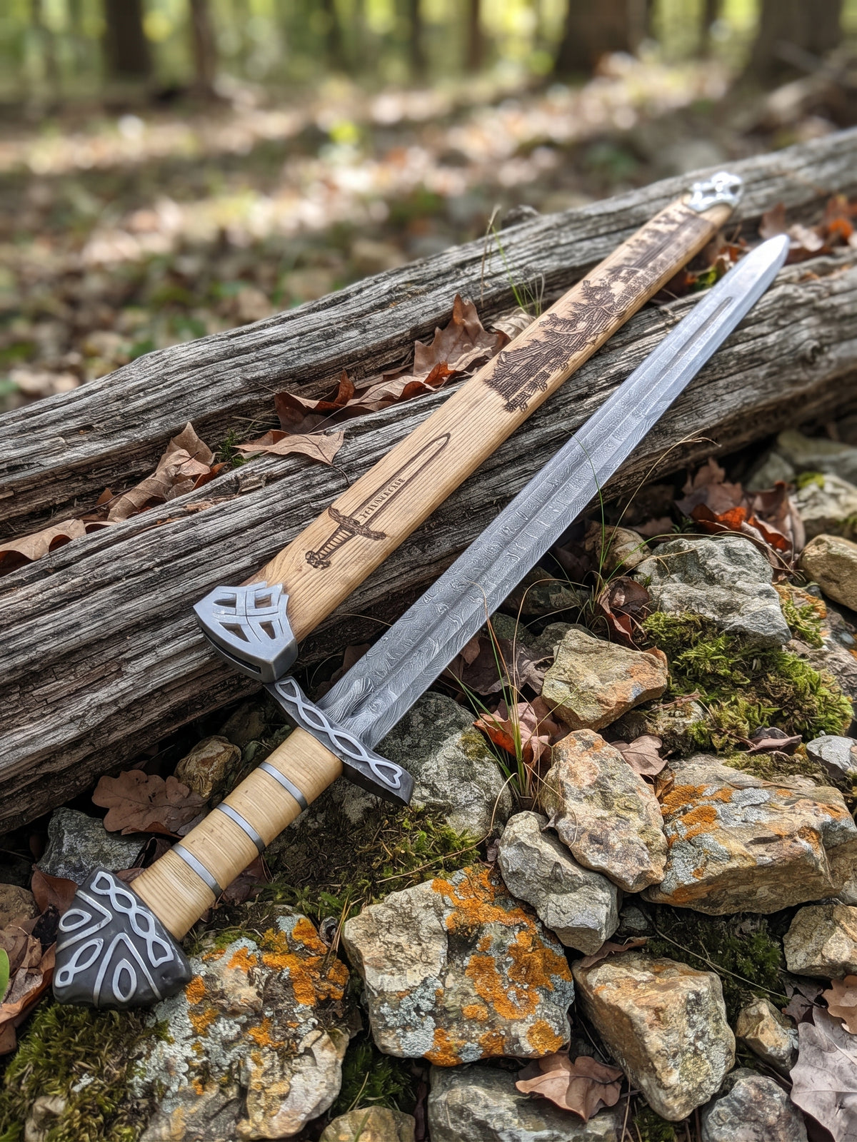 Full length Damascus steel Viking sword with hardwood grip and decorative crossguard