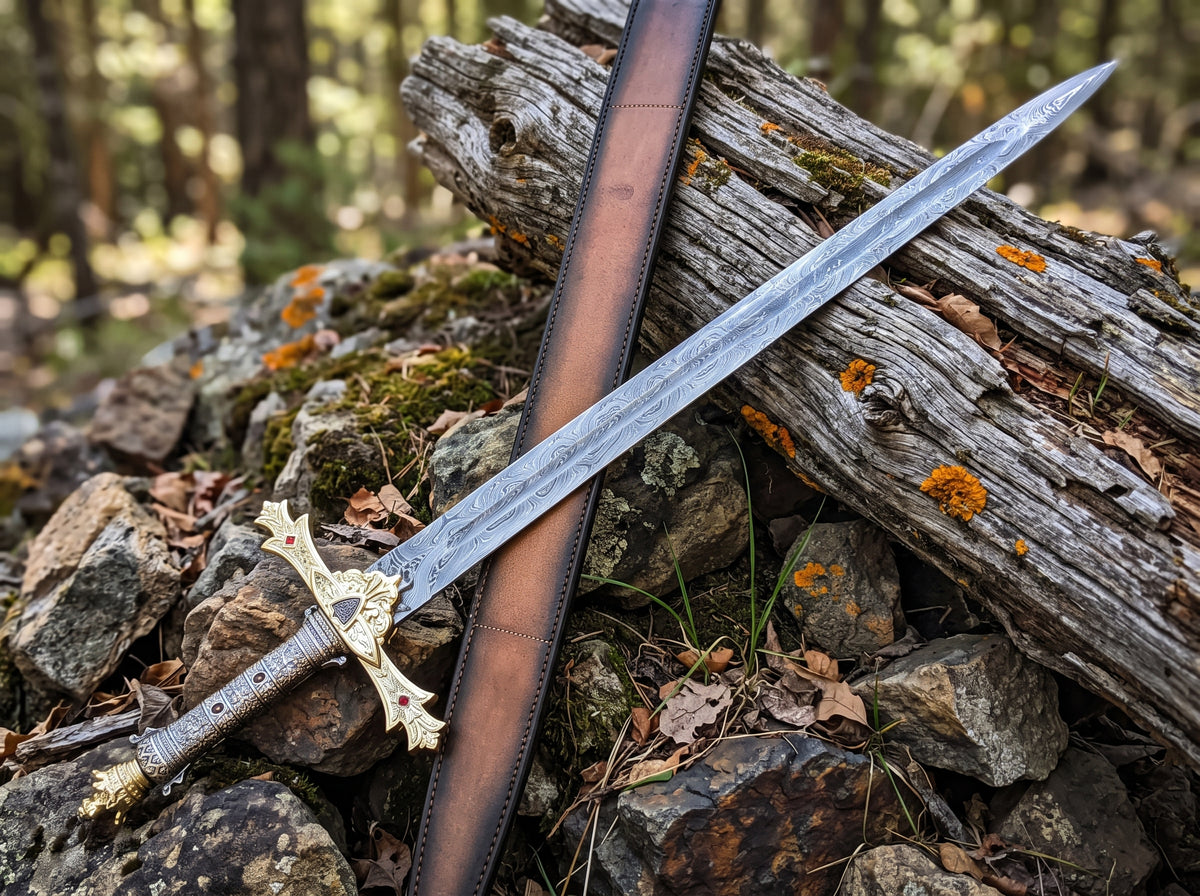Decorative sword with ornate gold crossguard, red gem accents and engraved grip beside a brown leather sheath