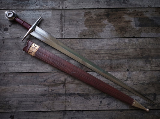 Handmade Medieval Knightly Arming Sword Double Edged Steel Blade, Leather Scabbard