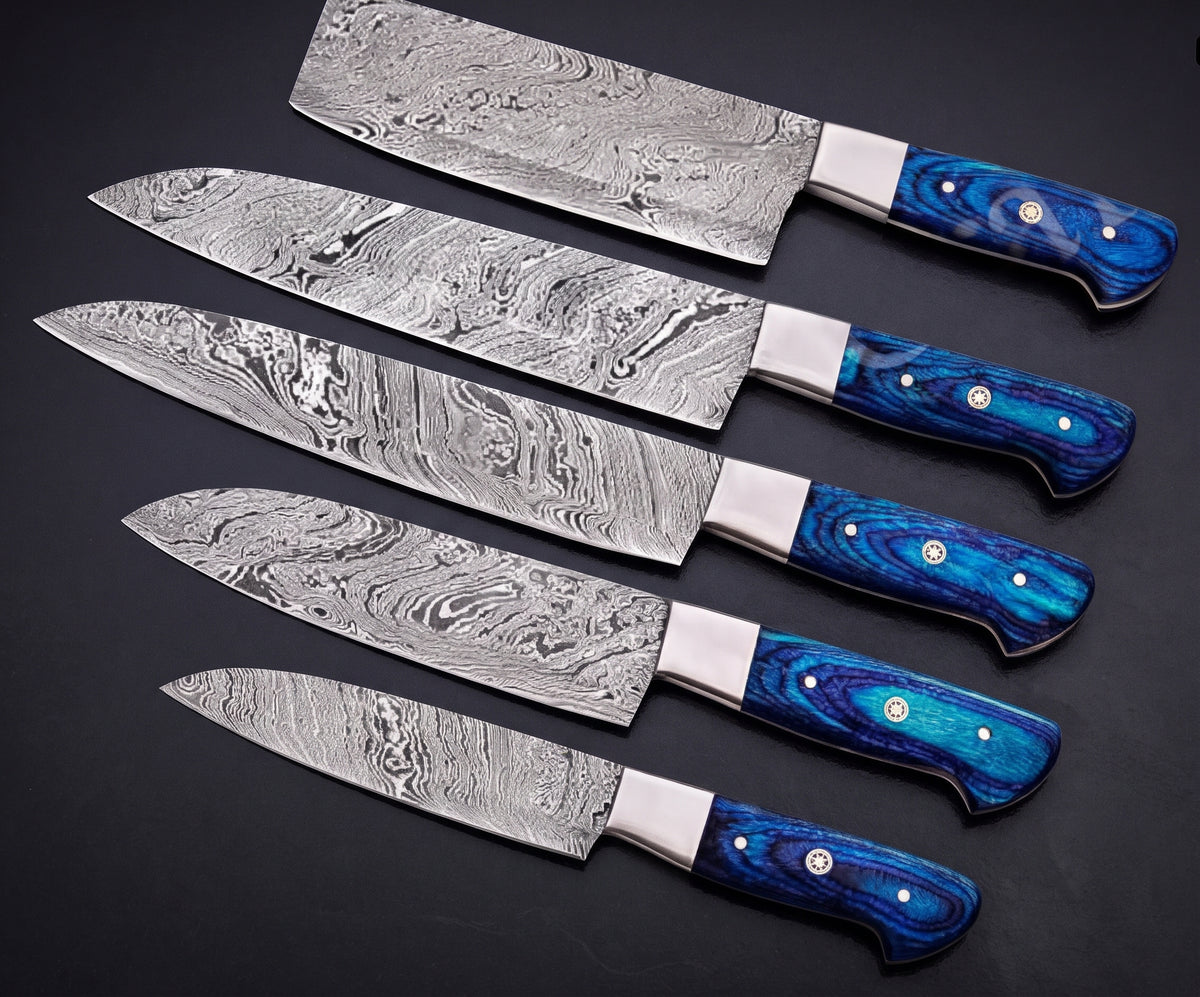 5 piece knife set with blue handles fanned