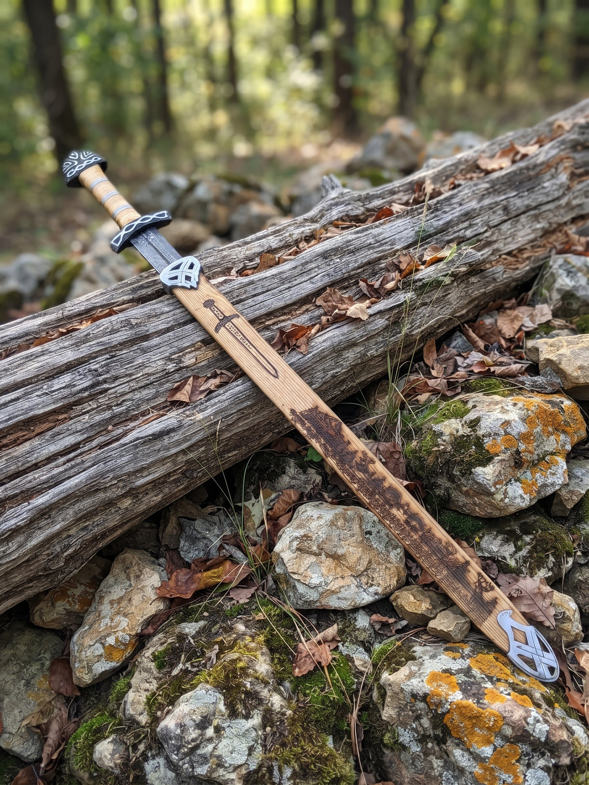 Closeup of layered Damascus patterns on Viking inspired sword blade