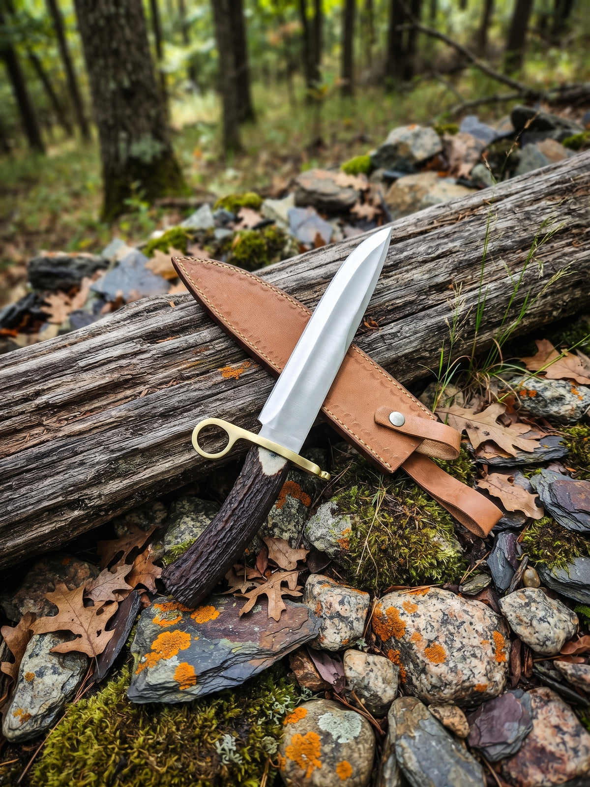 Crown antler Bowie knife with stainless steel blade and leather sheath displayed on a woodland log