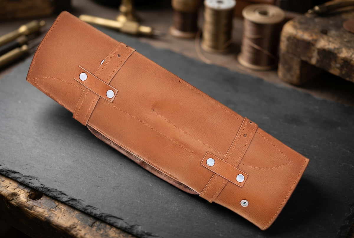 Closed leather roll case for Damascus knife set