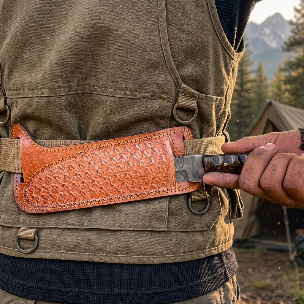 Twist Damascus Skinning Knife – Handmade Fixed Blade Hunting Knife with Brown Micarta Handle & Leather Sheath