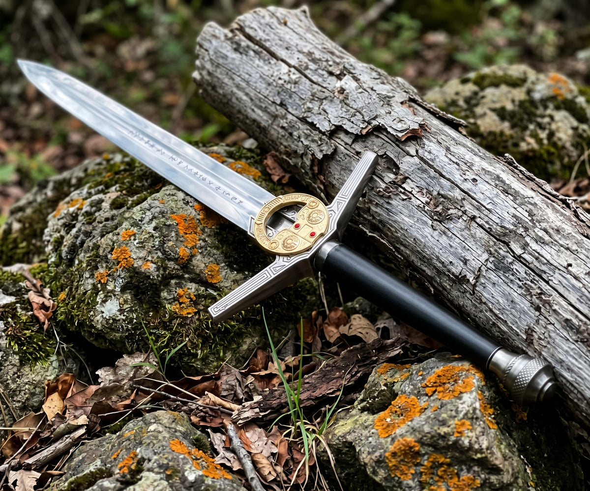 Pair of decorative swords with grooved blades and black grips standing against a log among mossy rocks and leaves