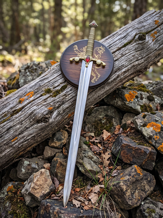 Decorative sword mounted on a round wood plaque with engraved lion design standing upright against a log