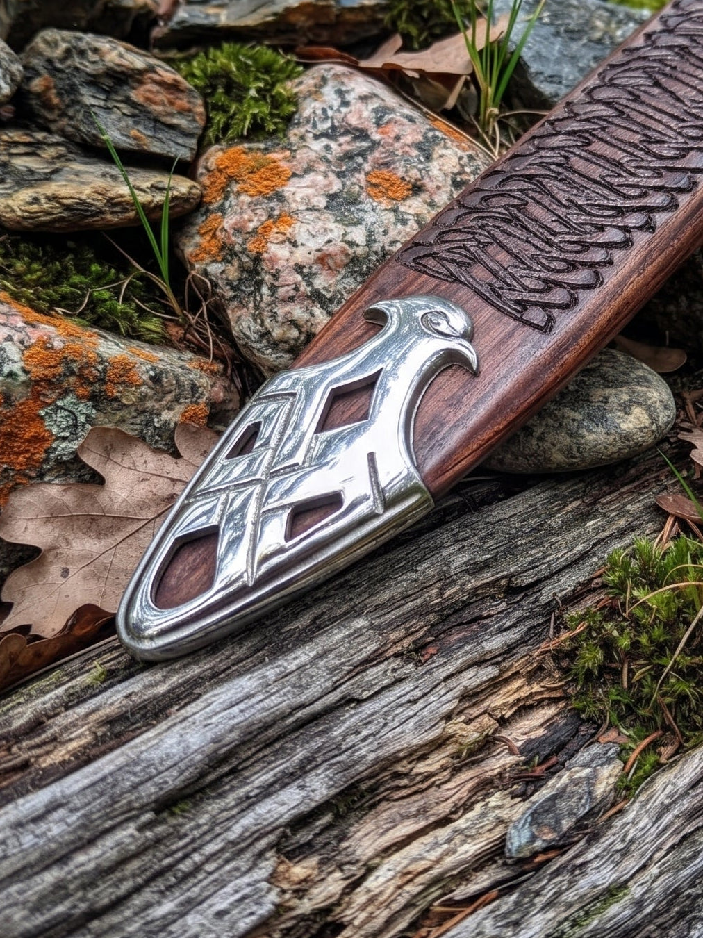 Full length Damascus steel Viking sword with hardwood handle and decorative crossguard
