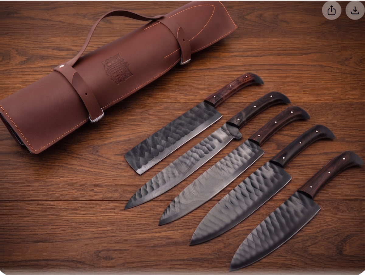 5 pieces black finish steel knife set beside open reddish brown leather roll case with embossed logo