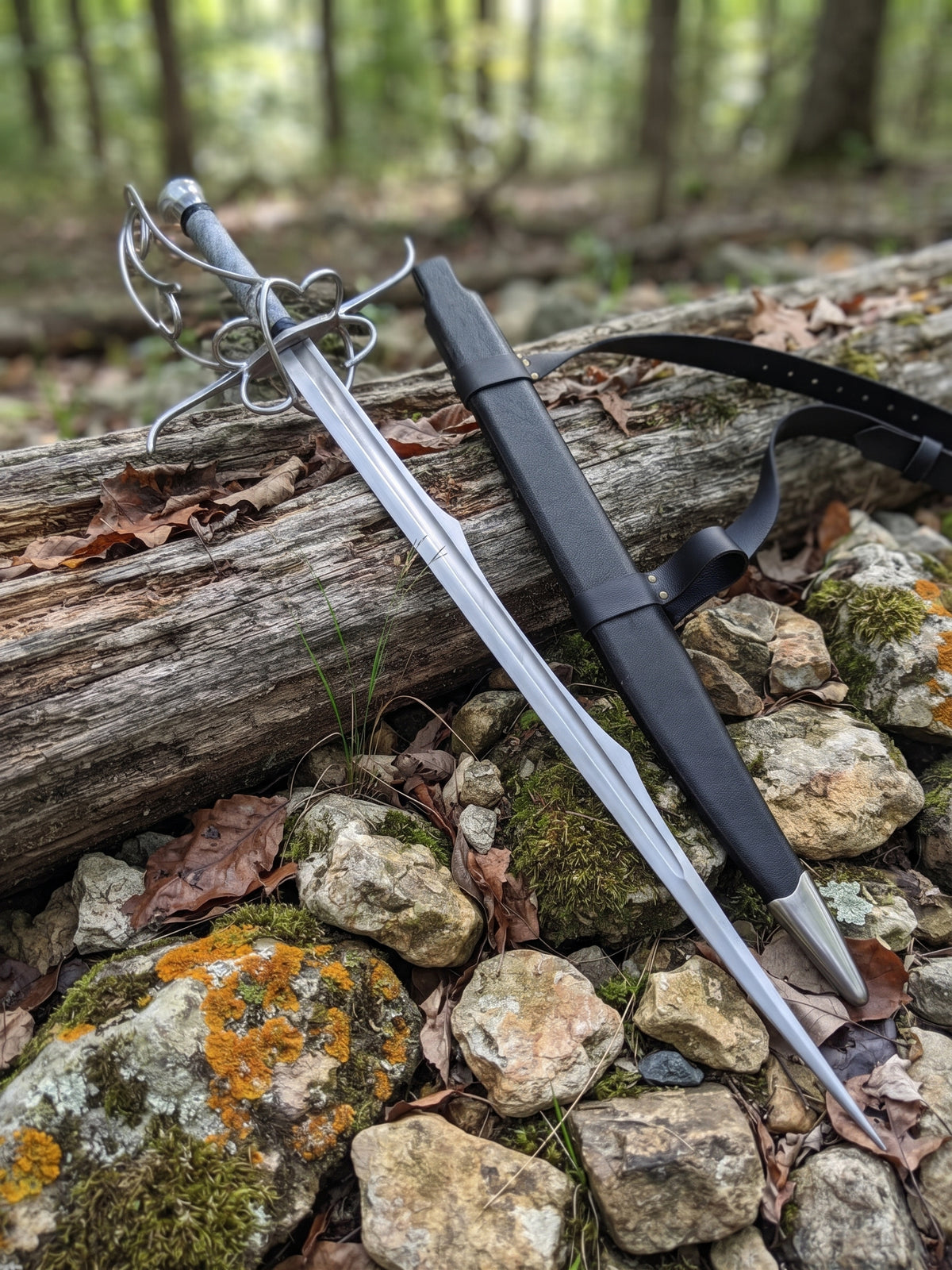 Full length carbon steel European rapier sword with slender pointed blade
