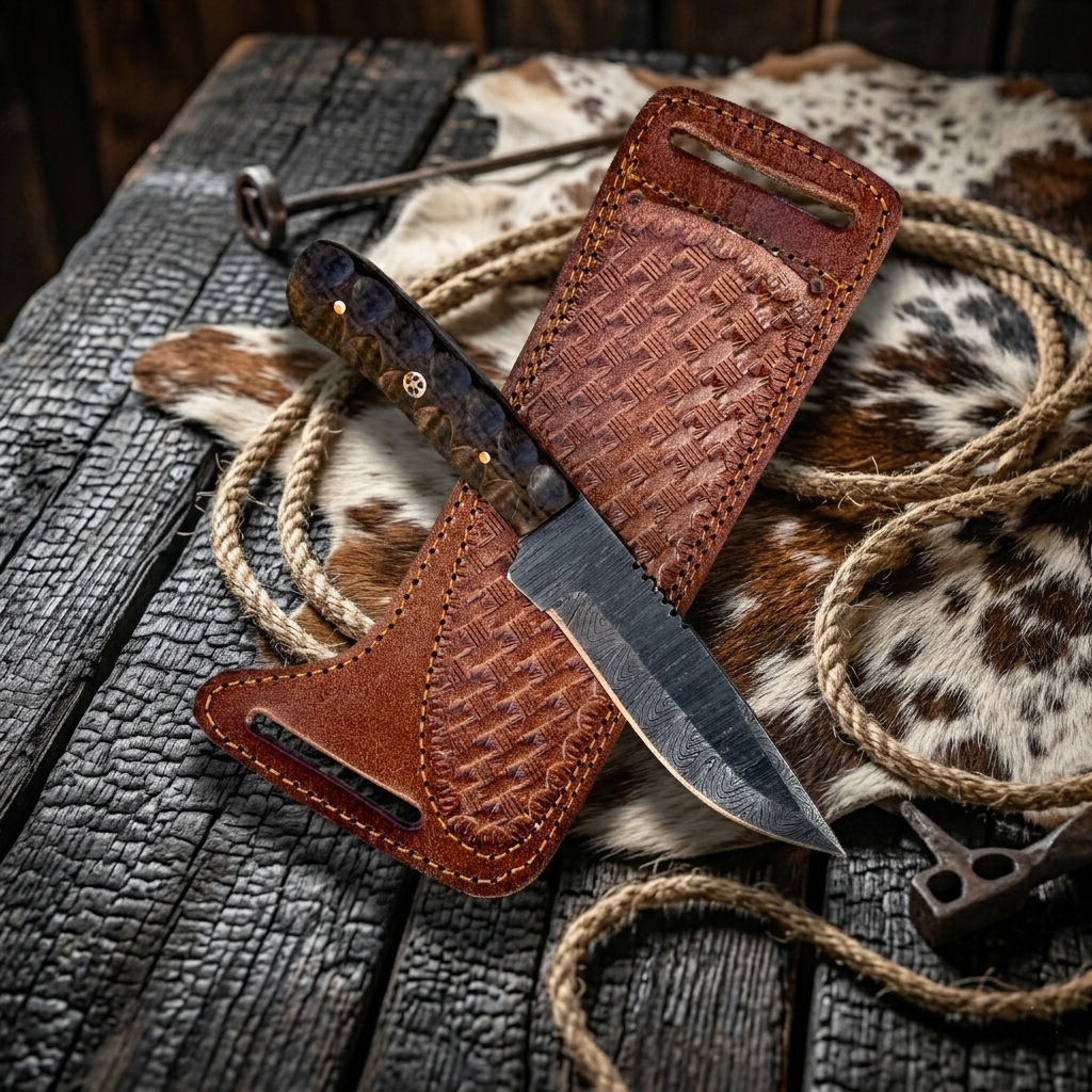 Twist Damascus Skinning Knife – Handmade Fixed Blade Hunting Knife with Brown Micarta Handle & Leather Sheath