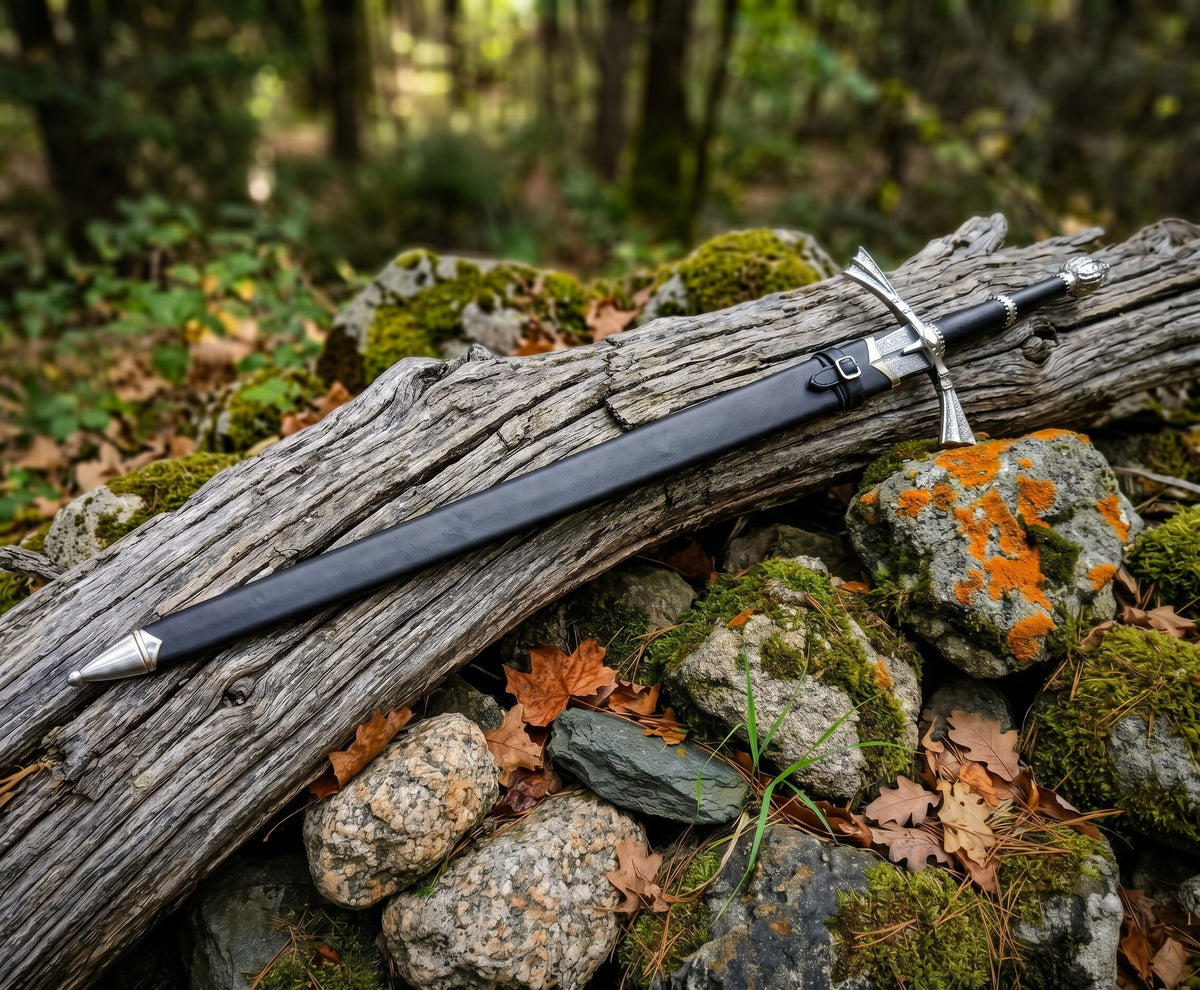 Damascus fantasy longsword with leather scabbard