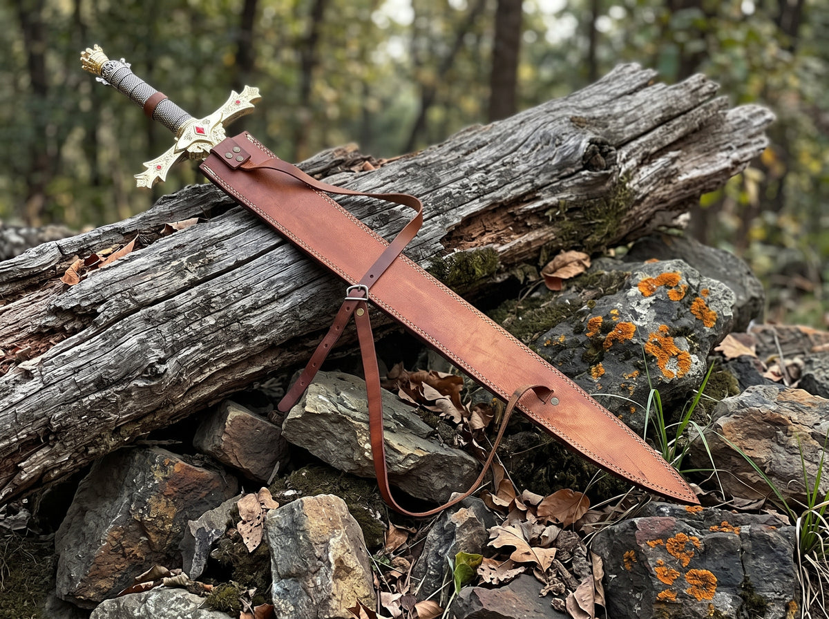 Brown leather sheath with buckled strap and shoulder strap and a decorative sword hilt on a mossy log