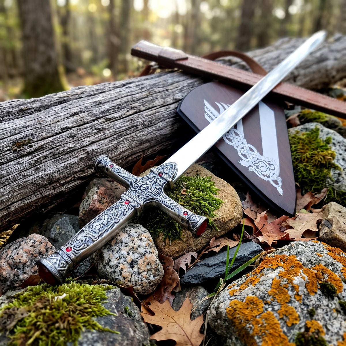 Steel fantasy display sword with leather scabbard