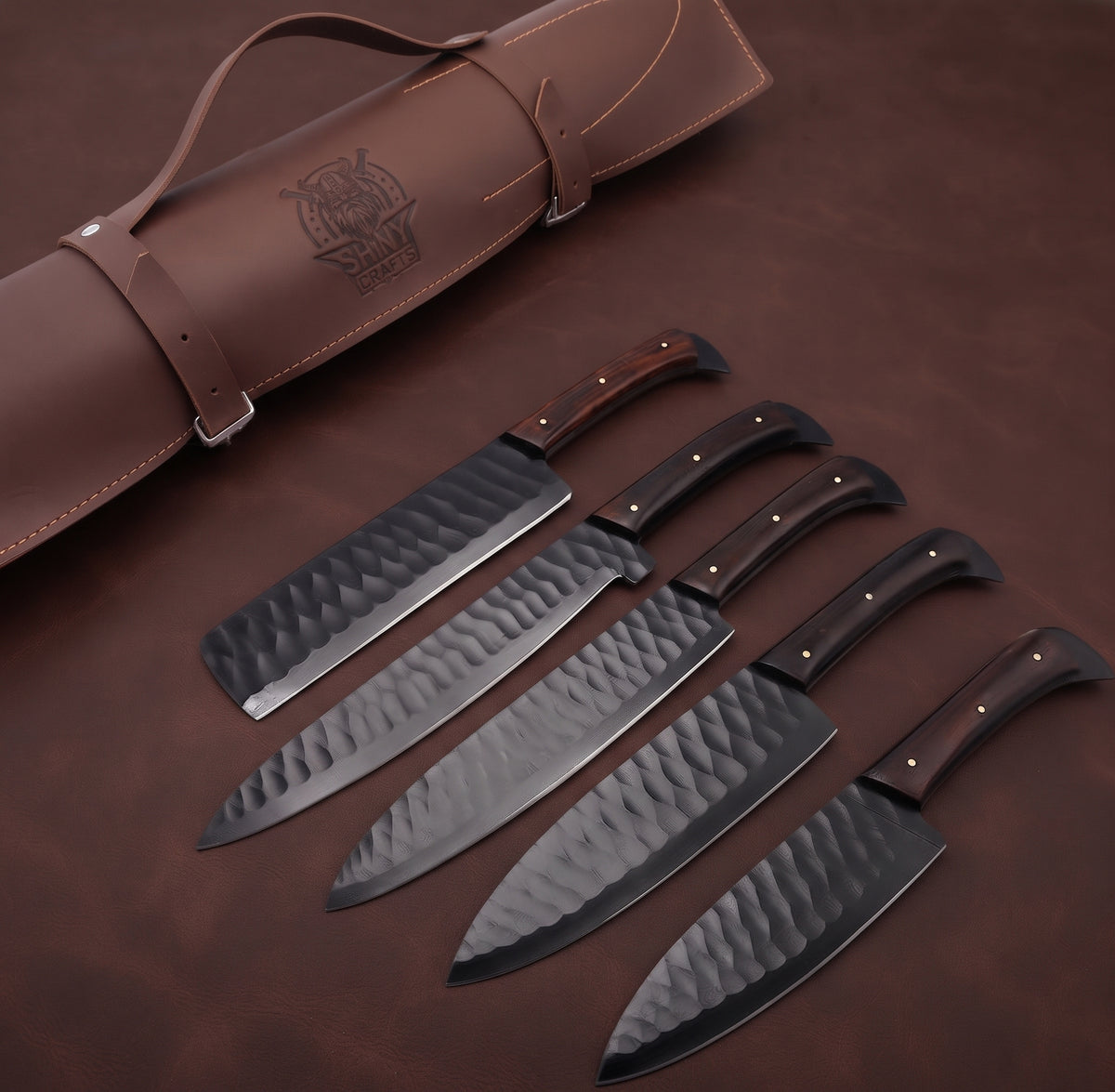 5 pieces black finish steel chef knife set with leather roll case showing Shiny Crafts viking emblem