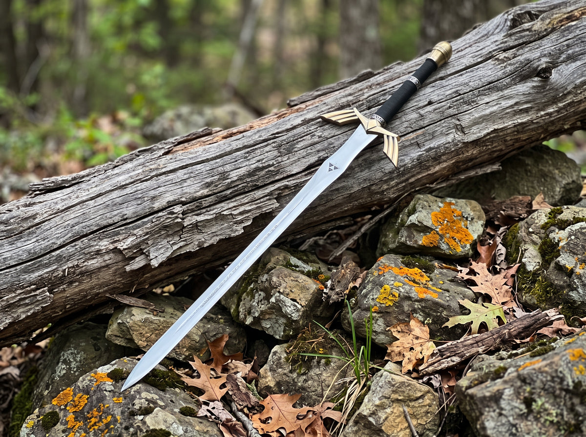 Decorative sword with winged crossguard and gold tone pommel lying across a weathered log with etched blade detail
