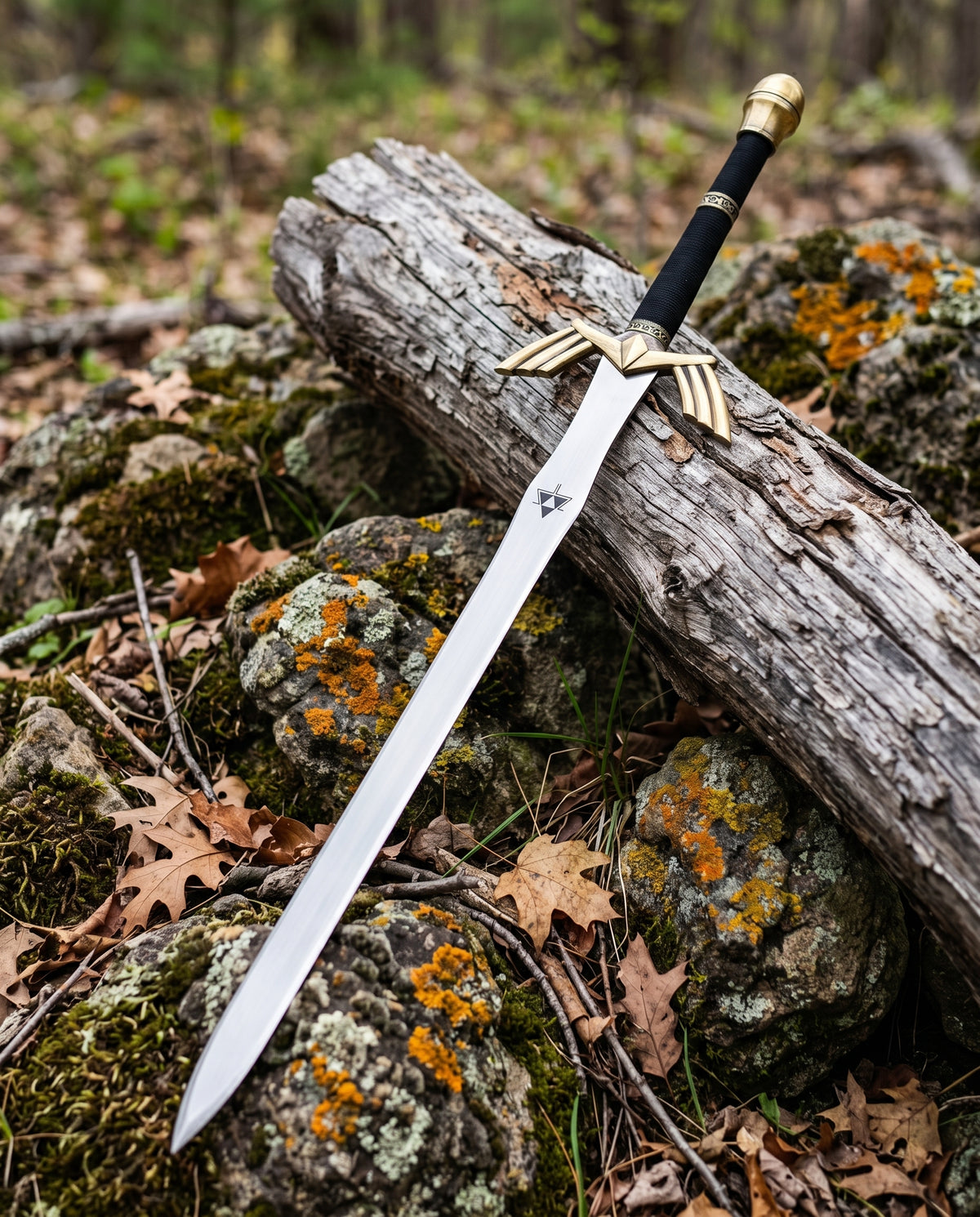 Upright decorative sword with winged gold tone crossguard, black wrapped grip and polished blade among lichen covered rocks
