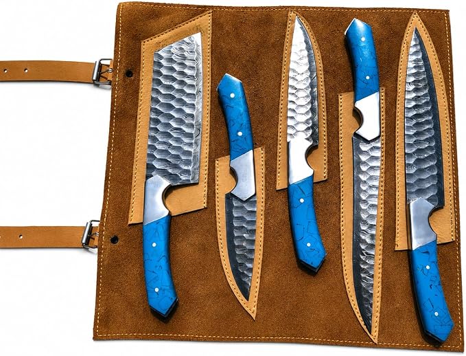 5 piece Damascus knife set with blue acrylic handles in open leather sheath panel