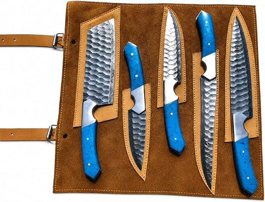 5 piece Damascus knife set with blue acrylic handles in open leather sheath panel